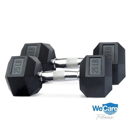 WECARE FITNESS Rubber-Coated Chrome Handle 25 Lbs Dumbbells, Set of Two, Black, 2PK WC-2P-25LB-BK